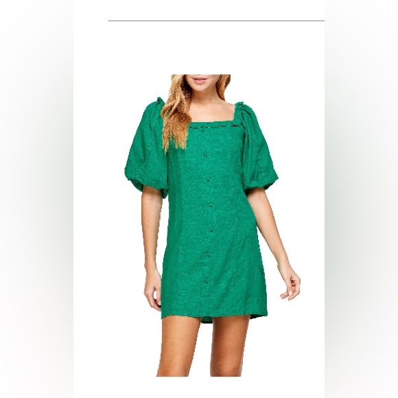 Nordstrom (One One Six label) green linen dress with puffy sleeves size small - Picture 2 of 10